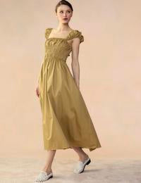 Cynthia Rowley Tie Back Cotton Dress Camel Smocked Midi