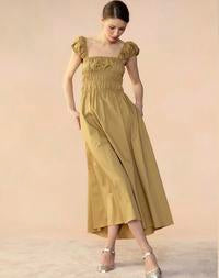 Cynthia Rowley Tie Back Cotton Dress Camel Smocked Midi