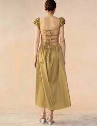 Cynthia Rowley Tie Back Cotton Dress Camel Smocked Midi