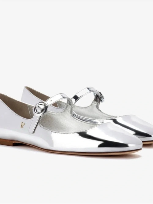 Larroudé Silver Patent Mary Jane Flats